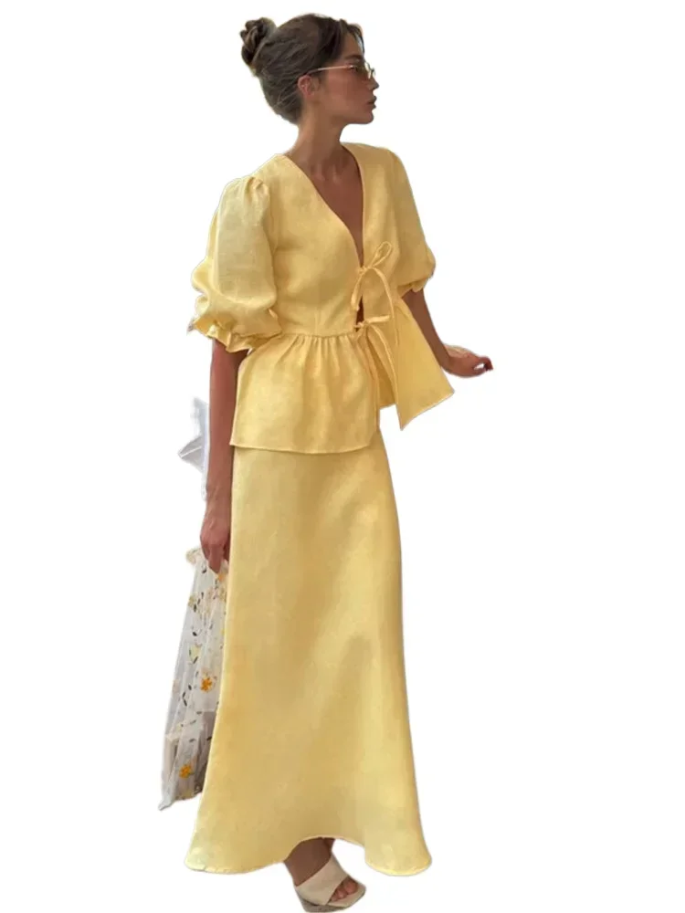 

2025 Summer Women's Skirt Suit V-Neck Lace-Up Bubble Sleeve Shirt Long Skirt Set Loose Casual Commuting Two Piece Suit