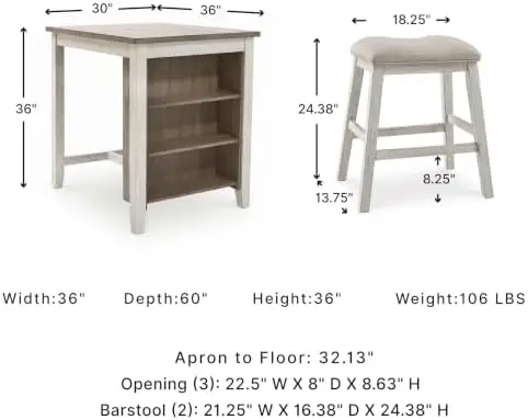 Skempton 3-Piece Counter Height Dining Table Set | Two-tone acacia wood set, 3 built-in open shelves, 2 upholstered