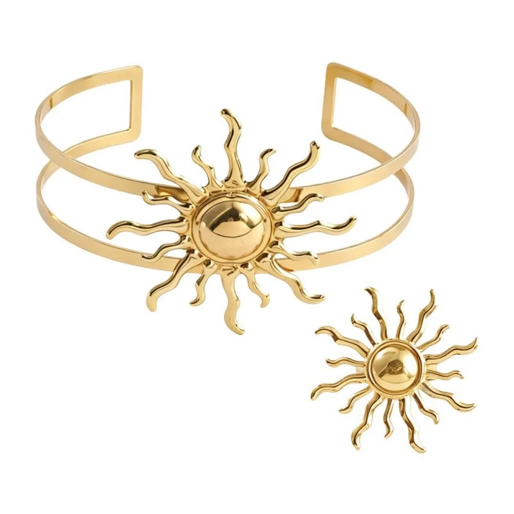 New Sun Upper Arm Cuff Bracelet Adjustable Gold Color Bracelet Ring Set Metal Sunflower Open Cuff Armlet Jewelry