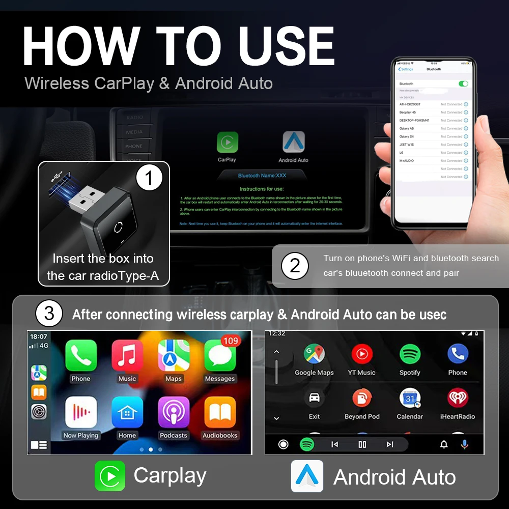 BYLITU Mini T4: محول CarPlay/Android التلقائي اللاسلكي العالمي |   التوصيل والتشغيل |   أنيق مدمج، متوافق مع أنظمة OEM