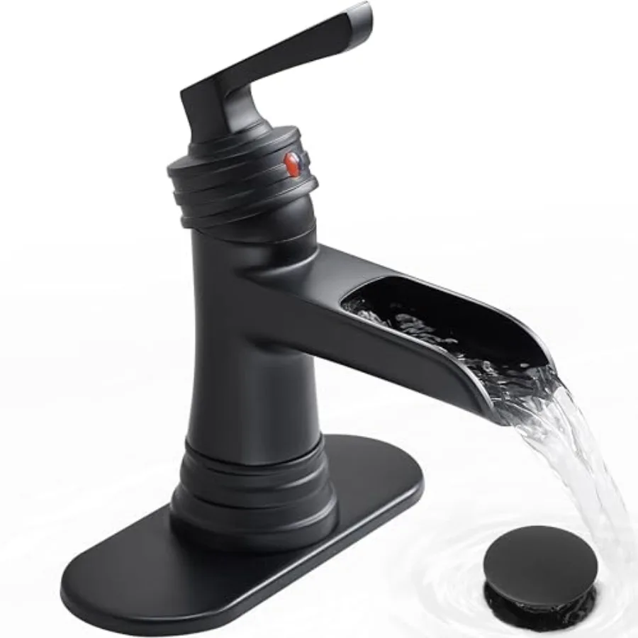 

Bathroom Faucet 1 Hole Brass Waterfall Bathroom Faucets 3 Hole 4 Inch Single Handle with Pop-up Drain Deck Plate Pre-Installed