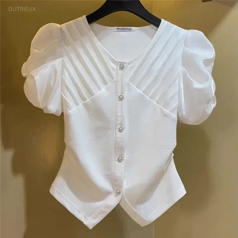 Summer New Pleated Blusas Mujer Exquisite Pearl Button Shirts & Blouses Puff Sleeve Women Clothing O-neck Camisas Ropa