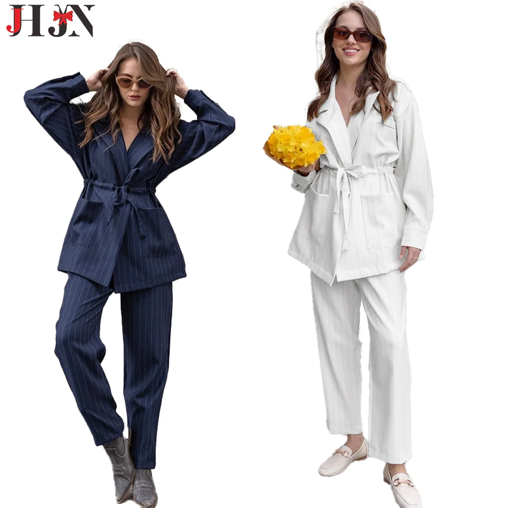 French retro style Commuting women superior quality grace Striped suit set Two piece set Female casual lace up Short set