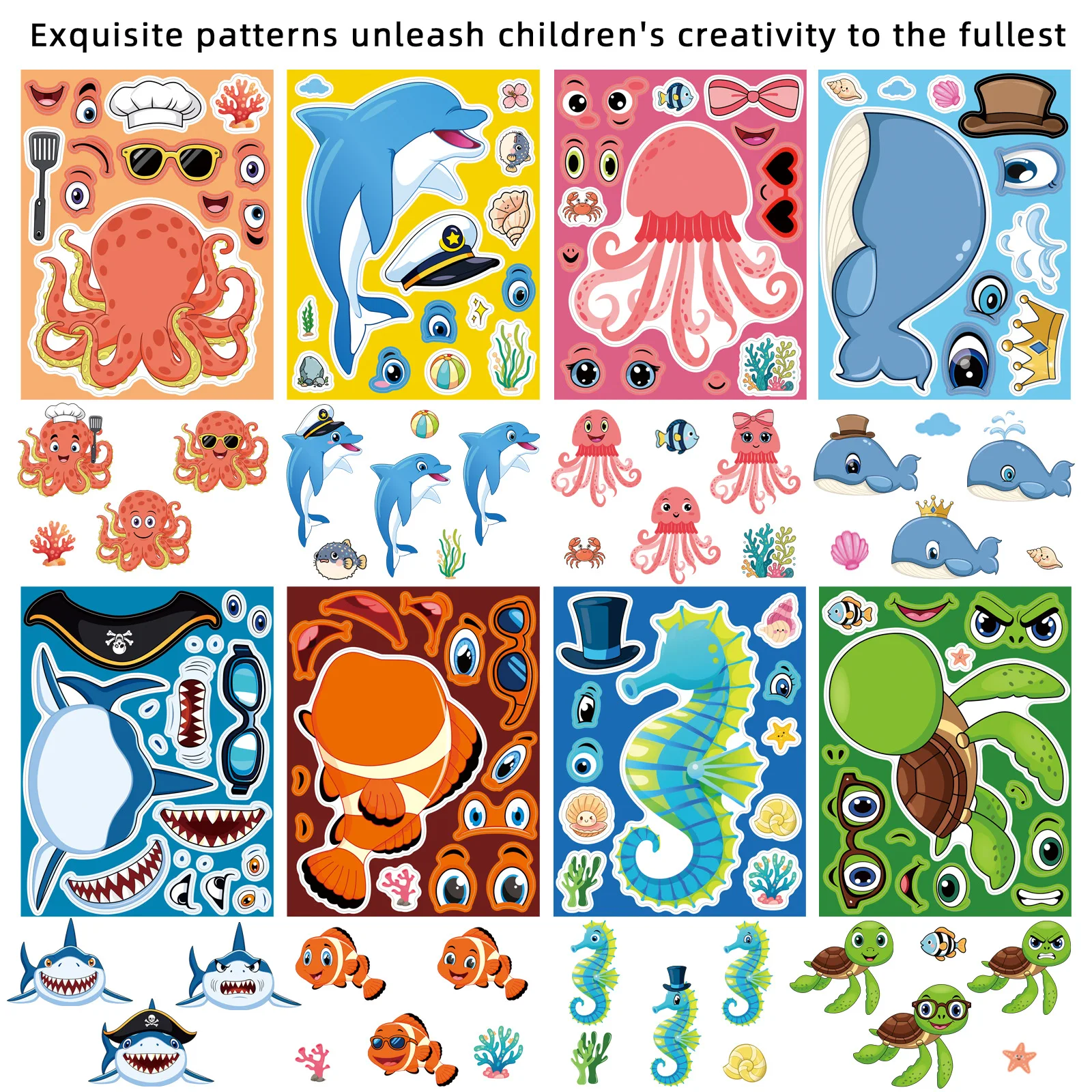 8PCS Marine Animals Stickers Decals for Phone Laptop Notebook Suitcase Guitar DIY Cartoon Aesthetic Stickers