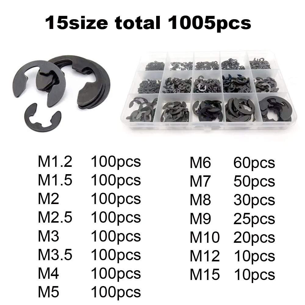 585/1005pcs E Clip Snap Circlip Washer Assortment Kit M1.2-M15 Black 65Mn 304 Stainless Steel External Retaining Ring Set for Ma