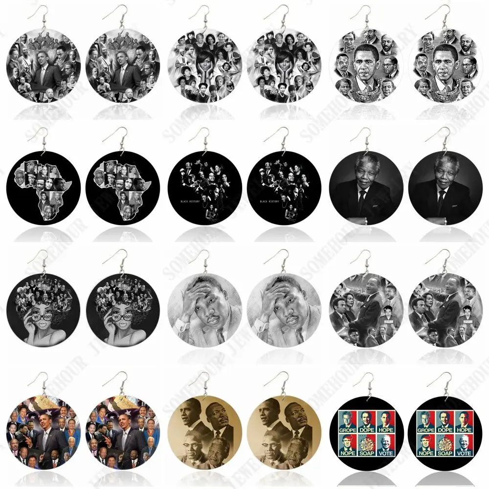 SOMEHOUR Black History Paint African Roots Wood Drop Earrings Great Woman Michelle Obama Mandela Heros Loop Dangle Jewelry Gifts