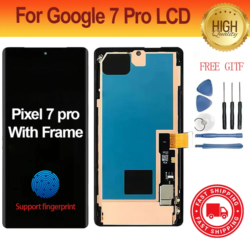 Wyświetlacz AMOLED do Google Pixel 7 Pro, model GP4BC GE2AE, wraz z ramką, ekranem dotykowym i modułem digitizera – zestaw do wymiany.