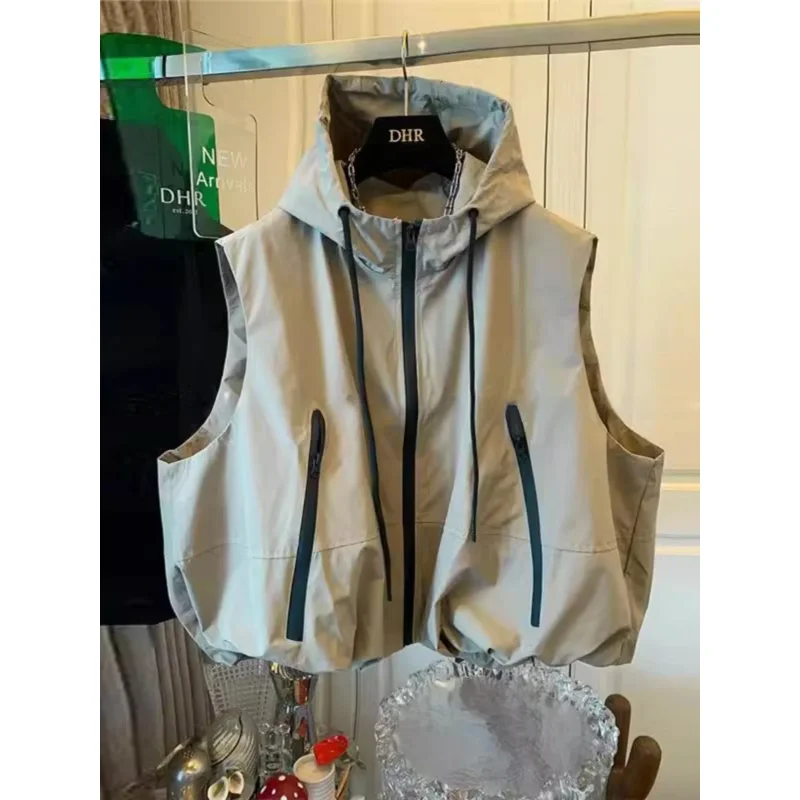

Gray Western Fashionable Jacket 2025 Spring And Autumn New Hooded Vest Vest Loose Casual Cargo Vest Women Waistcoat Coat