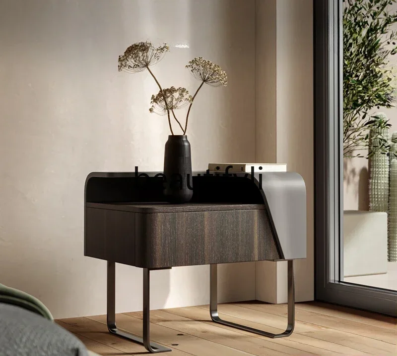 

CC Italian minimalist bedside table storage bedside cabinet smoked wood leather light luxury high sense