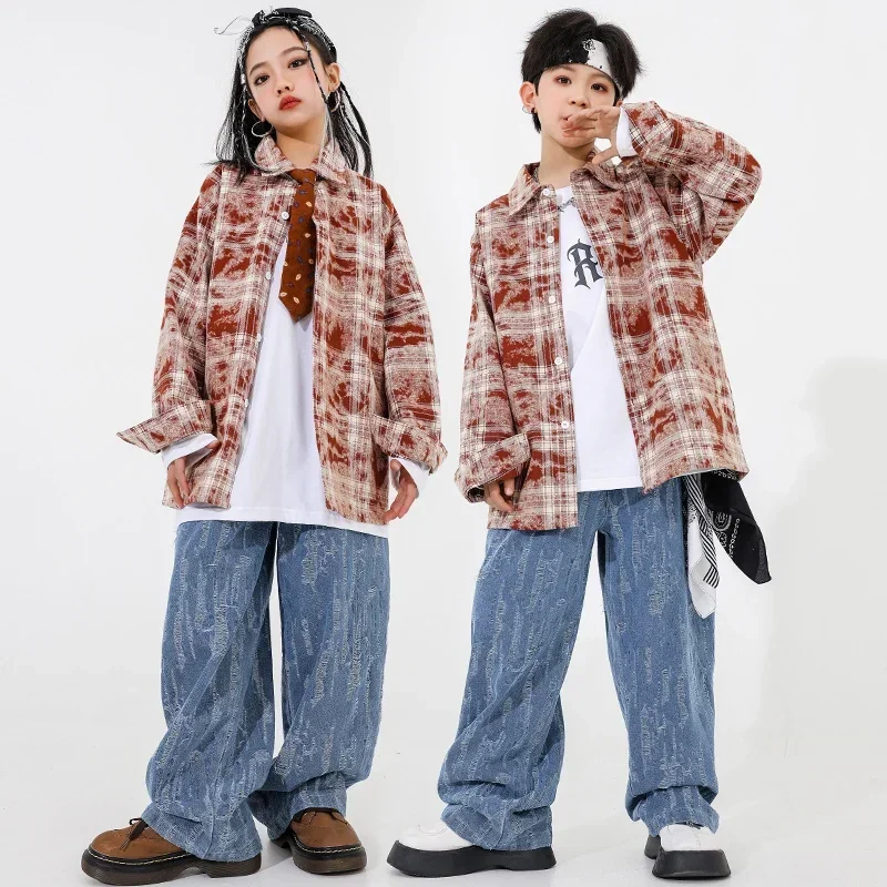 Girls Hip Hop Clothing Denim Street Dance Cargo Pants Boys Streetwear Jacket Clothes Sets Children Jazz Outfits Kids Costumes