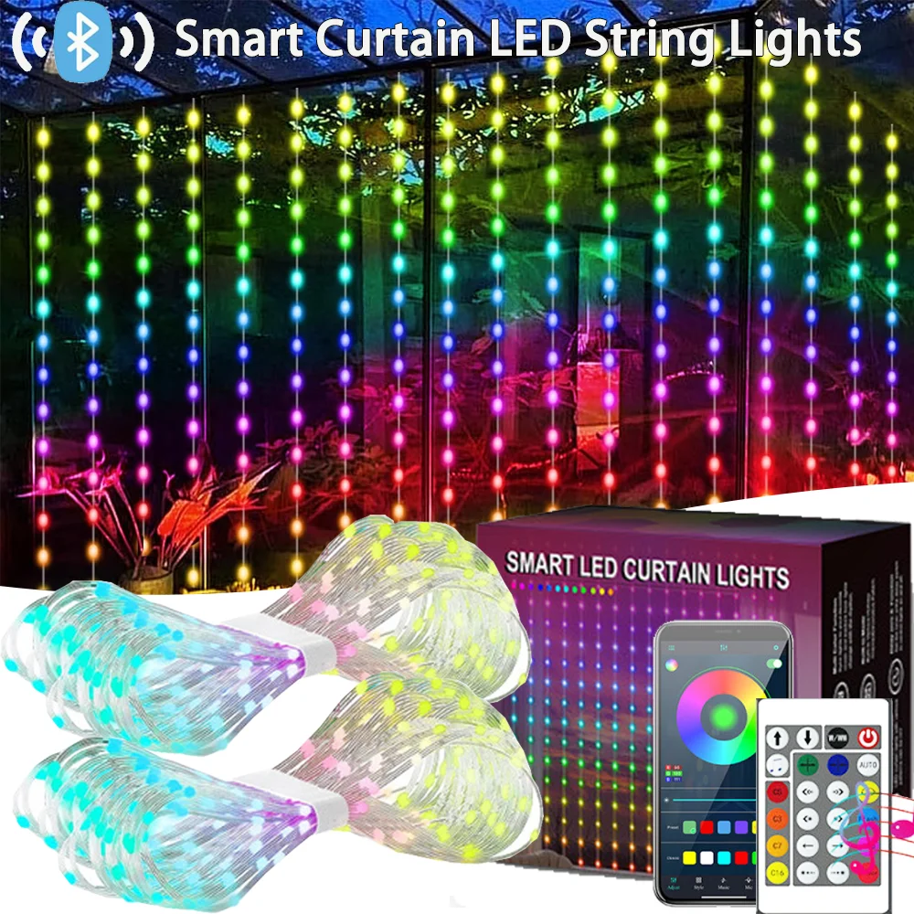 Smart LED Curtain Lights LED Fairy Lights App Control Music Sync DIY Pattern Waterproof for Indoor Outdoor Party Decor Lighting