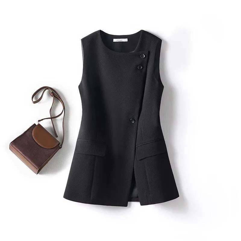 [With lining] Black suit vest women's vest outer wear 2026 spring new asymmetrical slim temperament vest