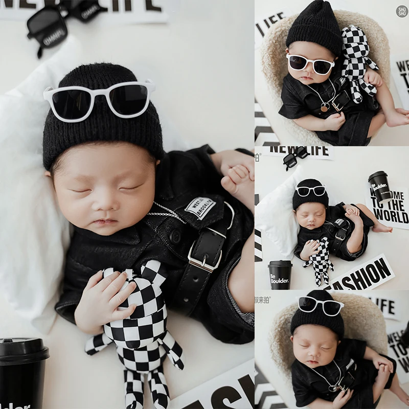 

Newborn Photography Trend Boy Girl Set Sunglasses Coffee Cup Poster Accessories Cool Guy Style Photography Studio Shooting Props