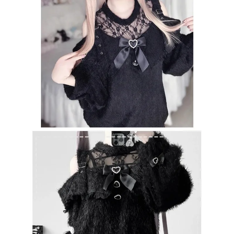 

Japanese Y2K Subculture Mass-Produced Hollow Out Off-Shoulder Lace Trim Knitted Pullover Spring Autumn Long Solid Color Sweater