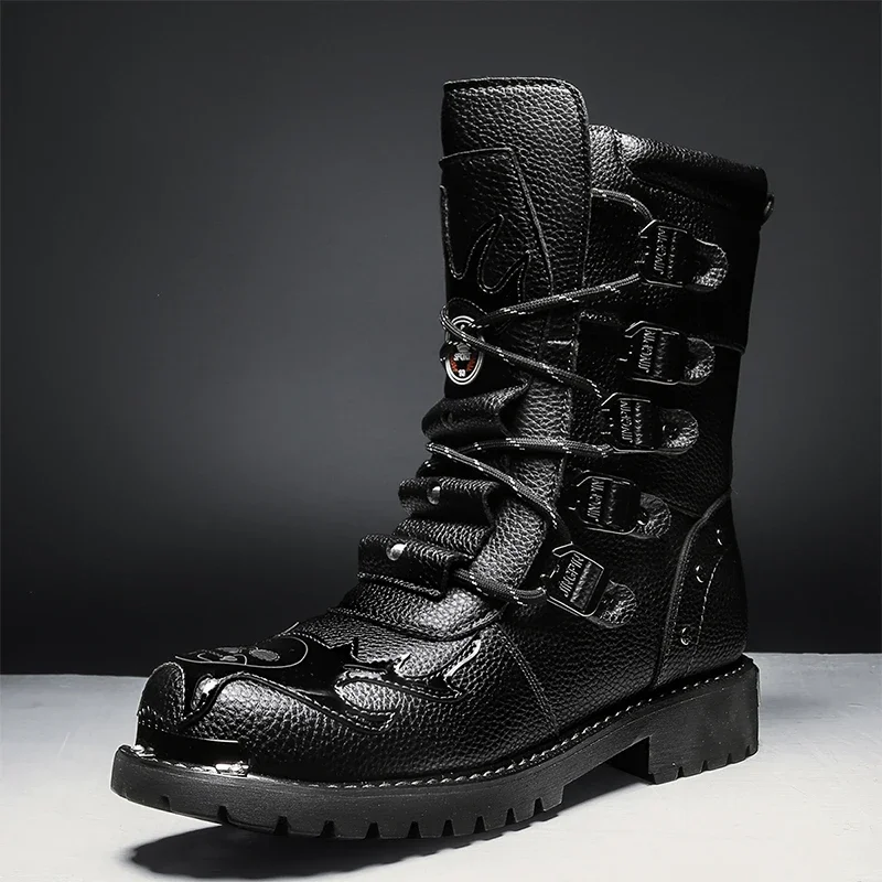 High Top Men Boots Fashion Street Style Motorcycle Boots Fretwork Outdoor Walking Shoes Lace Up Wear-Resisting Platform Shoes