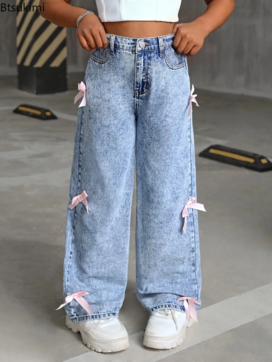 Kids Girl's Jeans Wide Leg Pants Bow Washed High Waist 2026 Streetwear Denims Distressed Vintage Straight Ankle Length Trousers