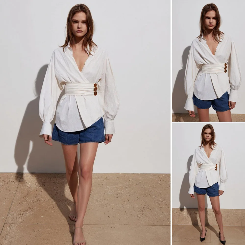 

Mia Muse Boutique Women's Shirts Daily Basic Elegant Plain Fitted Waist Long Sleeve V-Neck Flowy Hem Fitting Slim Shirts