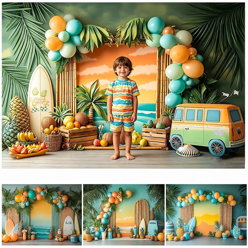 

LS Photography Backdrop Summer Beach Car Surfboard Decoration Baby Shower Newborn's 1st Party Backgrounds For Photographs