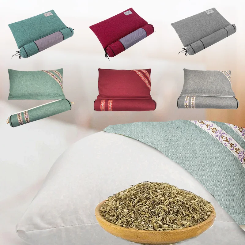 Natural Linen Mugwort Pillow Cervical Support Sleep Pillow Detachable Chinese Ancient Traditional Cylindrical Neck Circle Pillow