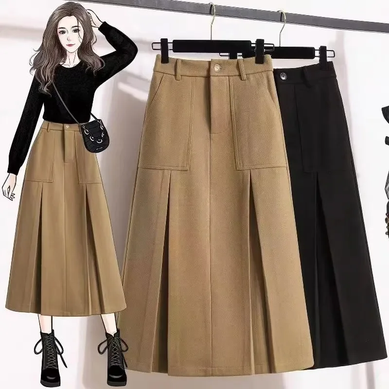 Korean Women Fashion Leisure Maxi Skirt Lady New Medium Long Styles Long Skirts Autumn Winter Femme Large Size 4XL High Waist Sk