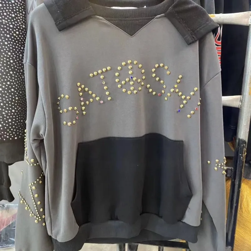 Asian Code Vintage Street SATOSHI Hoody Inverted Triangle Neck Rivet Letter Star Contrasting Pocket Hooded Sweatshirt Men Women