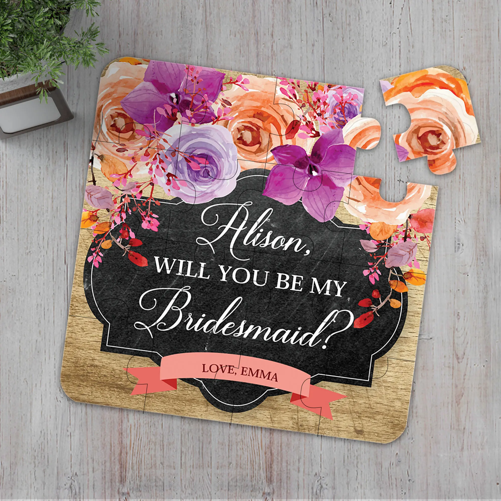

16*16CM Personalized Jigsaw,Will You Be My Bridesmaid Puzzle,Fall Wedding Puzzle with Purple and Orange Flowers,3*5PCs