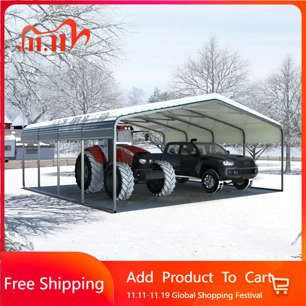 20 × 20 FT heavy-duty garage canopy, garage shelter with metal roof and car frame