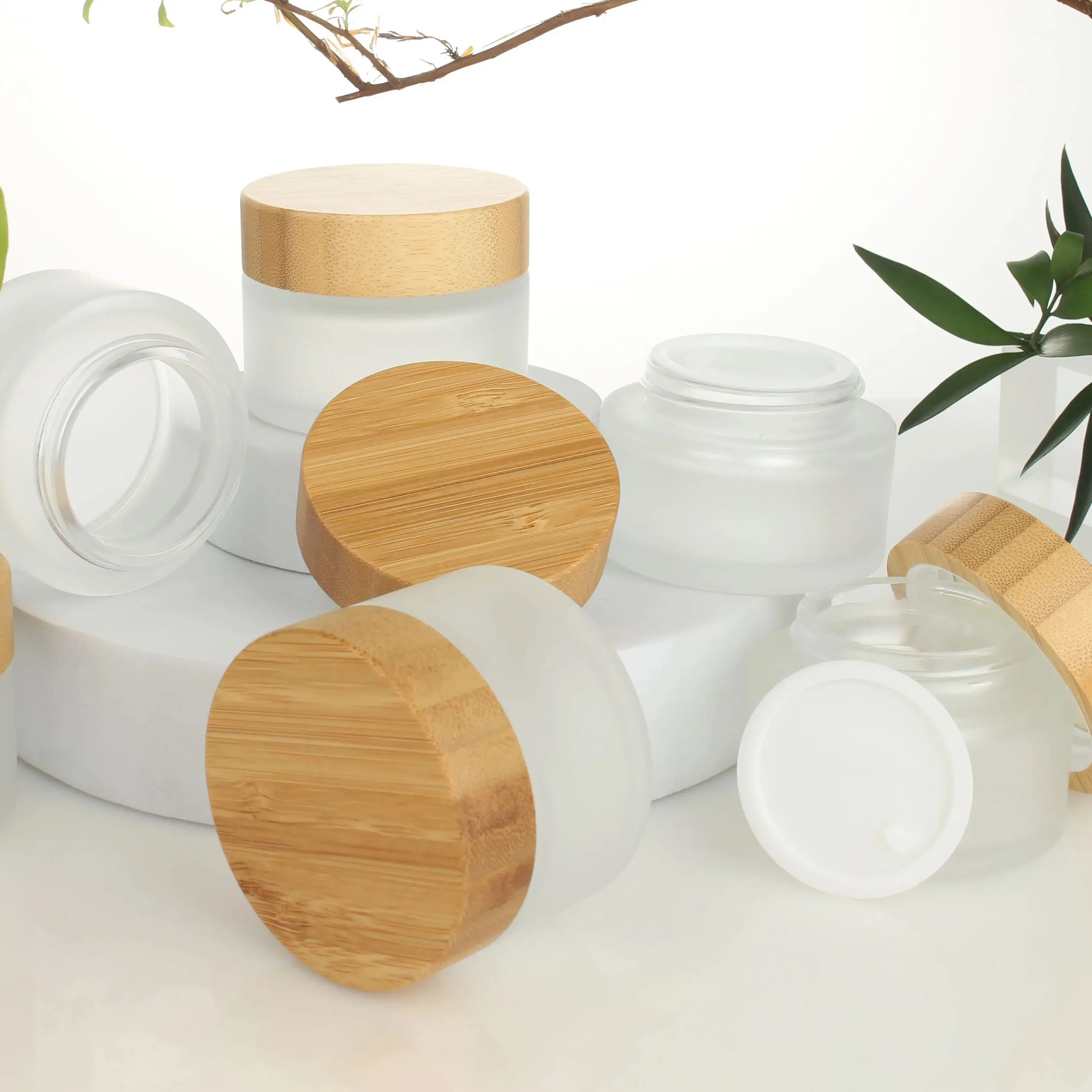1/6PCS 50ML Bamboo Lid Empty Jars Frosted Glass Cream Jar Cosmetic Container Makeup Lotion Cream Jar Bottle with Wood Grain Lid