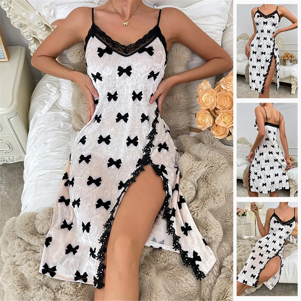 

Velvet Female Split Long Nightgown Sleepwear Sexy Lace Trim Suspender Velour Nightdress Intimate Lingerie Home Wear