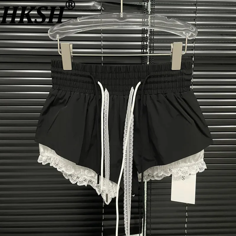 

HKSH новые летние женские шорты на шнурке в стиле пэчворк, кружевные контрастные цвета, модные повседневные универсальные сексуальные милые шорты Y2K HK12052