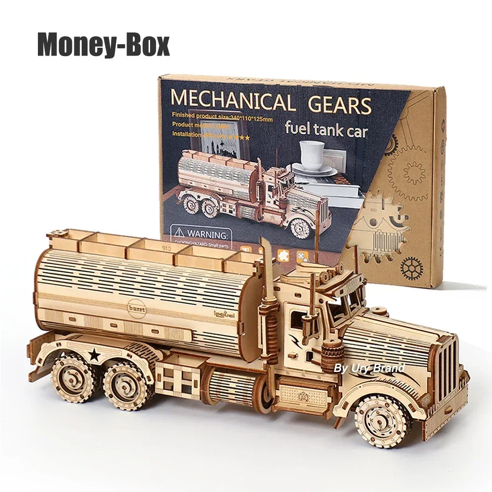 DIY 3D Wooden Puzzles Money Box Piggy Bank Fuel Truck Model Building Block Kits Assembly Jigsaw Toy Gift for Children Adult