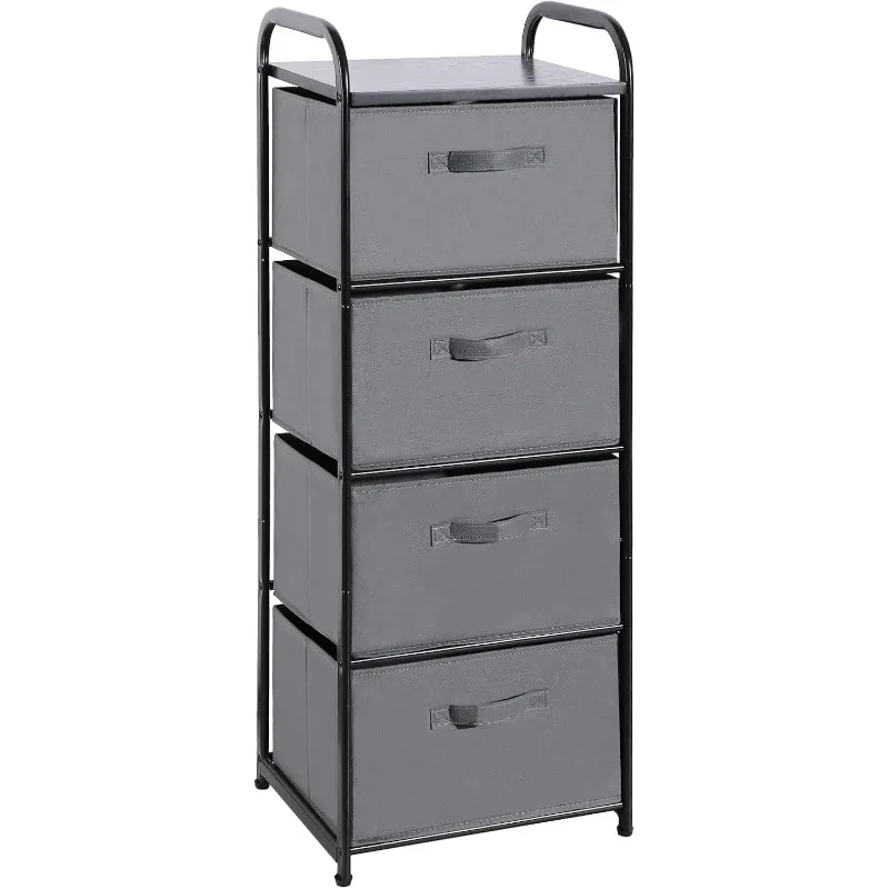 4 Drawer Fabric Dresser High Storage Tower, Wood-top Dresser, Vertical Bedside Table Side Storage Unit with Metal Frame Closet