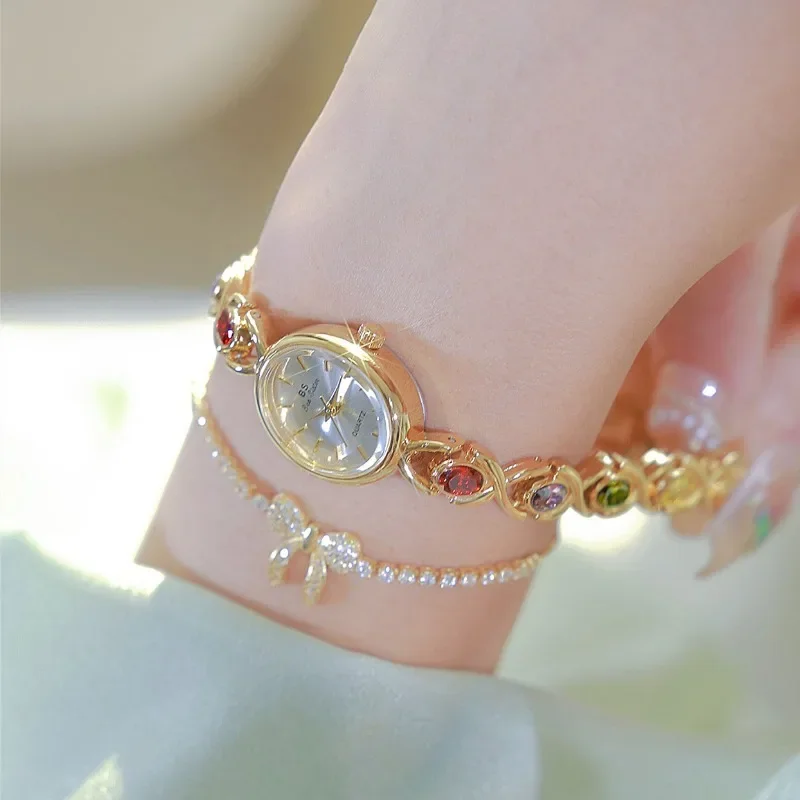 Women's Oval Rainbow Gemstone Light Luxury Watch Fashion Elegant Waterproof Shi Ying Bracelet Watch Exquisite Small Clock