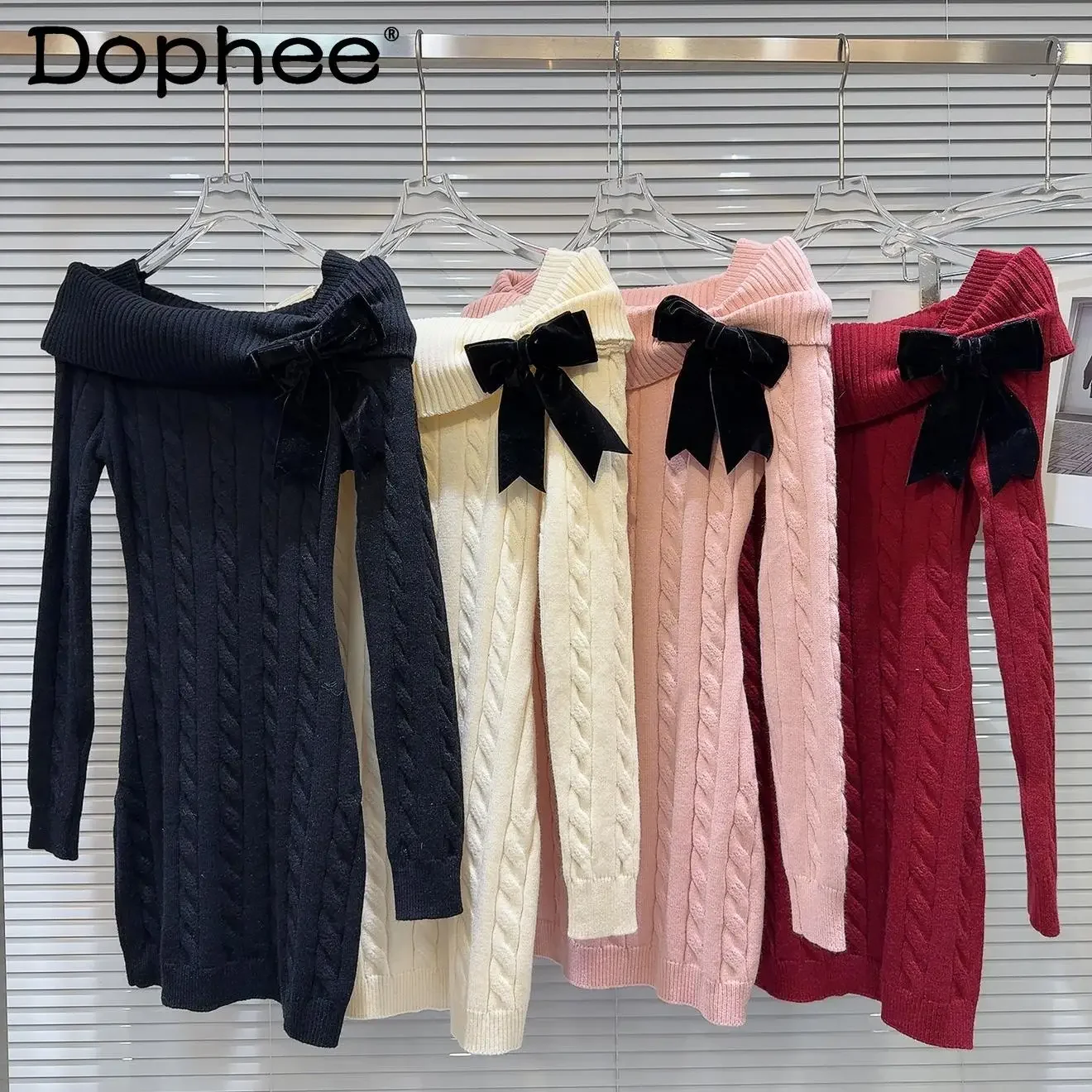 

2025 New Velvet Bow Decorative Woven Twisted Knitted Dress Autumn Winter Sexy Shoulder Long Sleeve Dress for Women