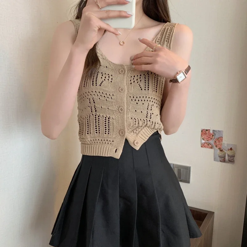 Crochet Knit Tank Top Boho Beach Wear Women's Sleeveless Button Front Crop Tops Female Spring Summer Outfit