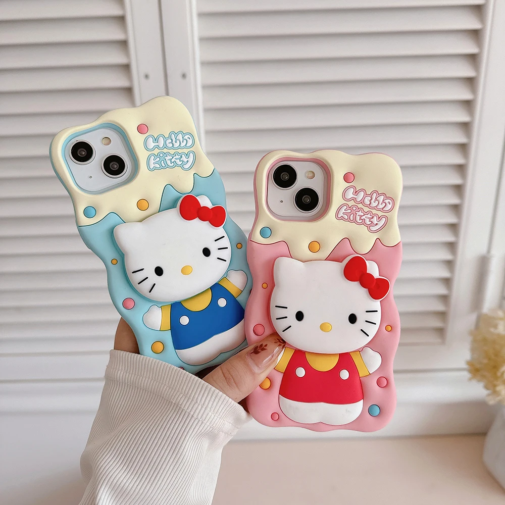 Cute Cartoon Cream Hello Kitty Telescopic Bracket Phone Case for IPhone 15 14 13 12 11 Pro Max Soft Silicone Back Cover Funda