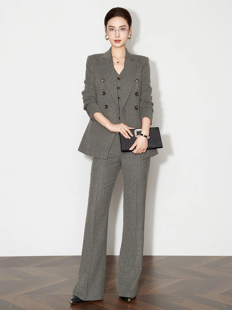 

Осень-зима Thiened, смешанный кофейный цвет, деловая рабочая одежда, женский костюм, жилет, расклешенные брюки, комплект из футболки для похудения