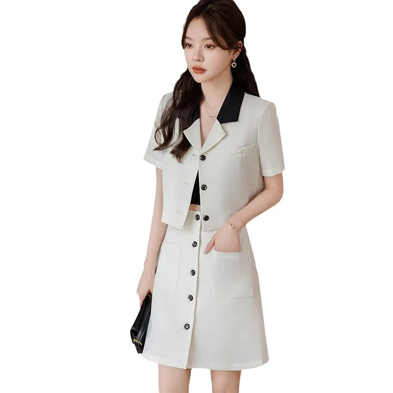 2024 Summer Profession Women Crop Blazer Tops And Button Decoration Mini Pencil Skirt Korean Slim Chic Office Lady 2 Pieces Sets