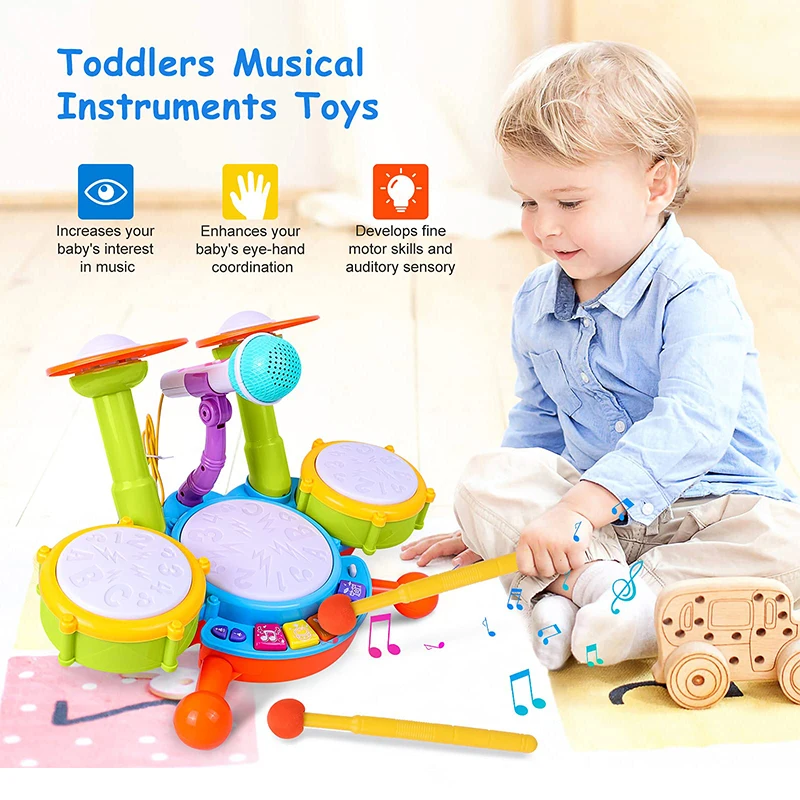 Kids Drum Set Toddlers 1-3 Musical Baby Educational Instruments Toys for Toddlers Girl Microphone Learning Activities Gifts