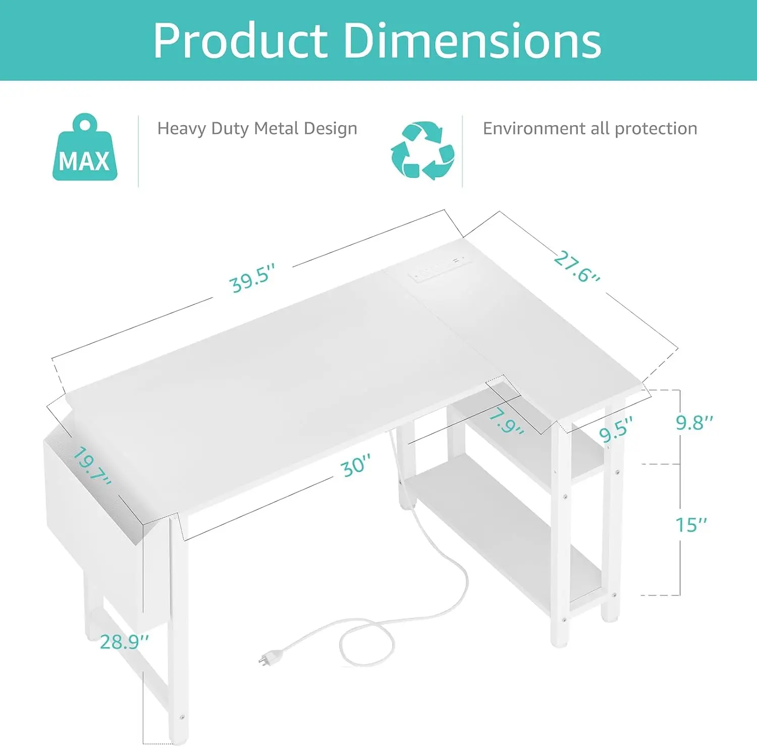 White L Shaped Computer Desk with Power Outlet Shelves, 40 Inch Small Corner Desk for Small Space Home Office, L-Shaped