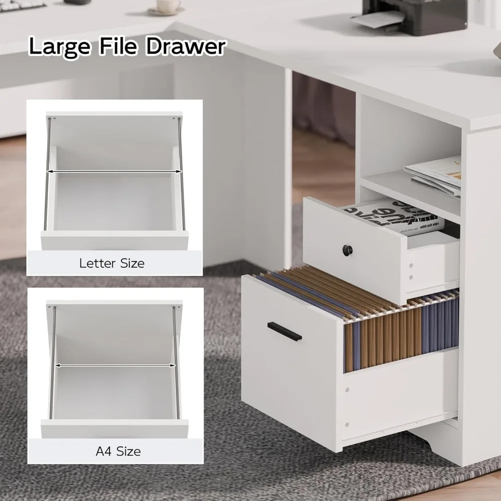 L Shaped Desk with File Cabinet, Corner Computer Desk with Storage Drawers, Large Home Office Table with Power Outlets