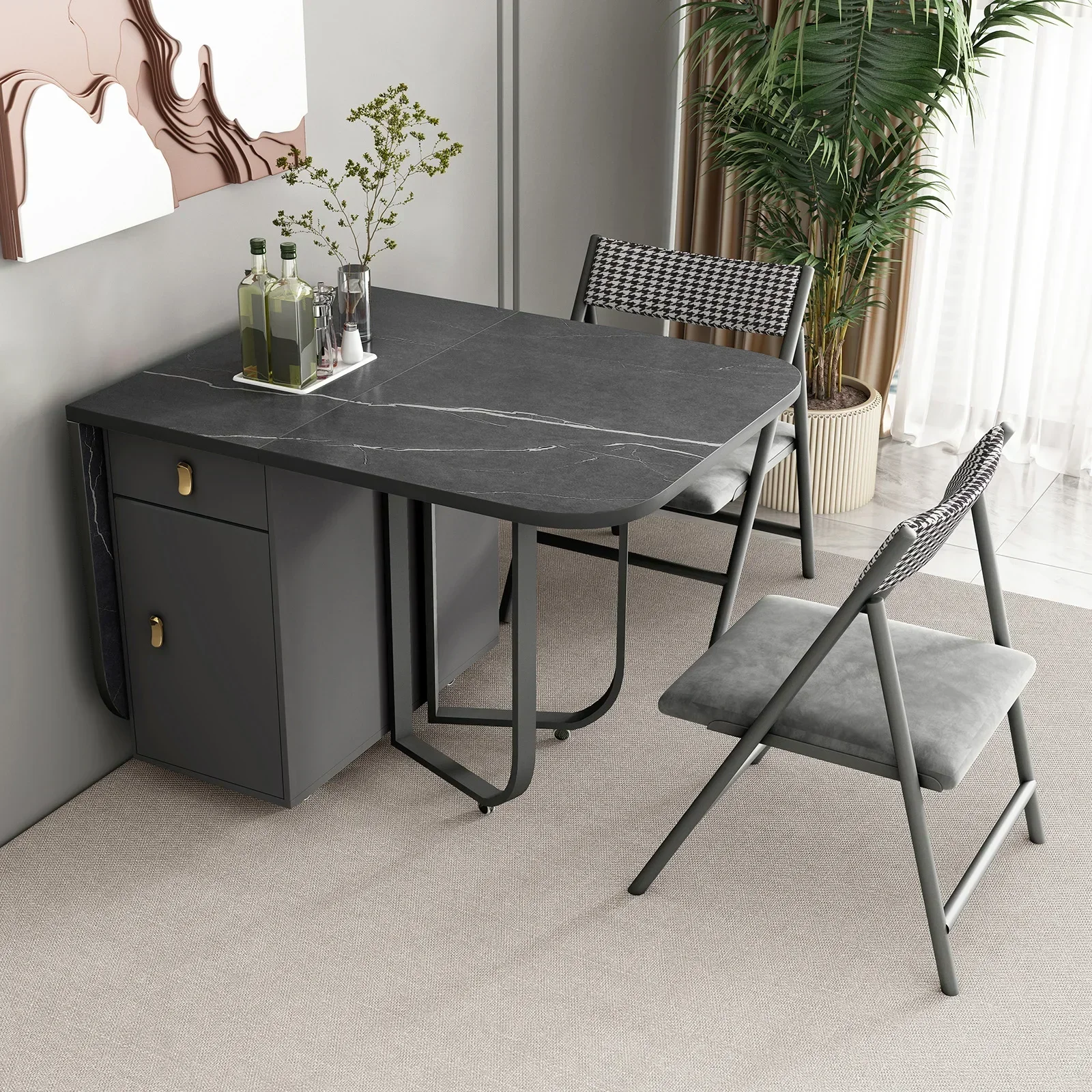 &Folding Dining Table with Storage Rack and 2 Drawers Extendable Versatile Kitchen Table and Metal Movable Folding Dining Chairs