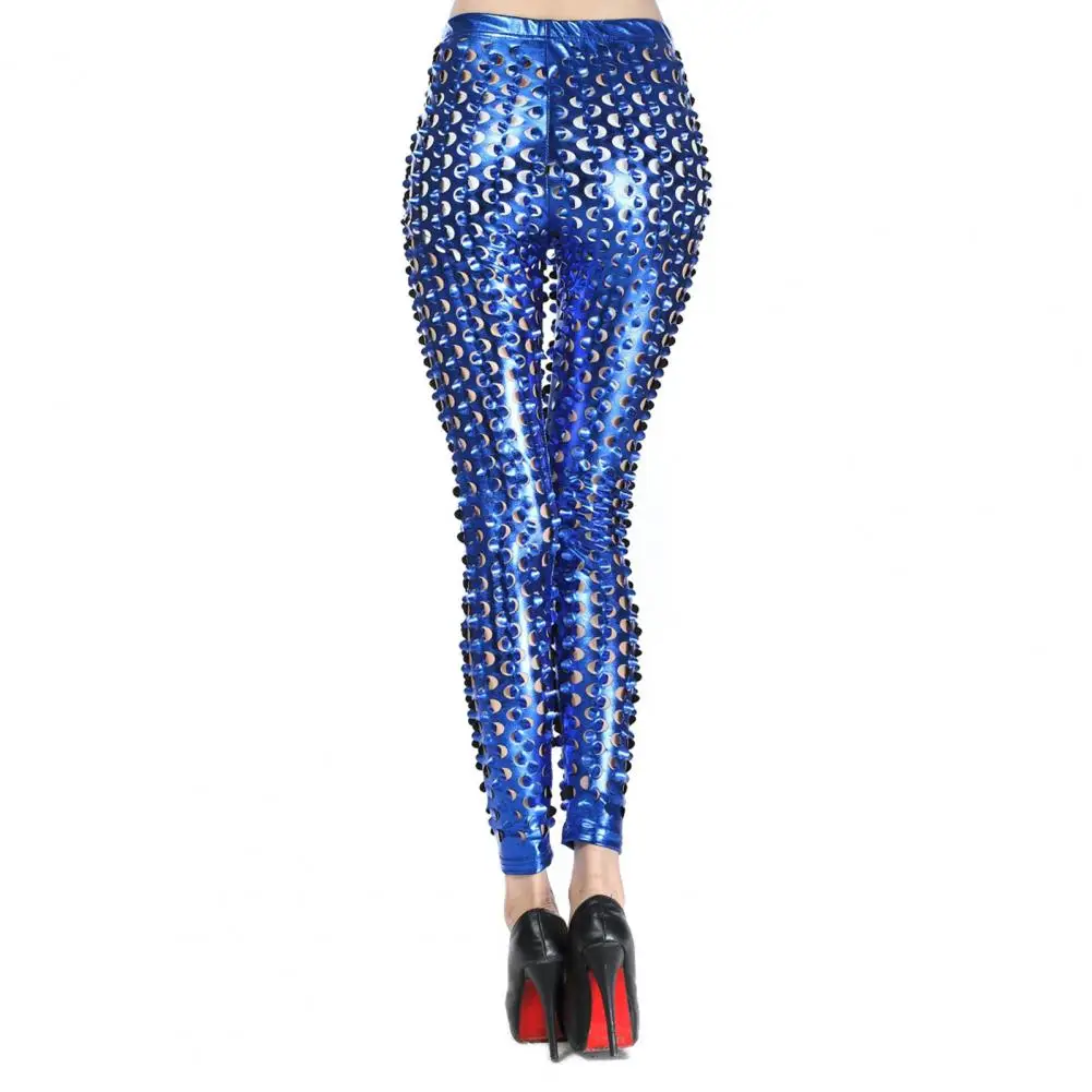 Sexy Women Skinny Pants Shiny Metallic Hollow Fish Scale Elastic Waist Stage Performance Disco Dance Pants Clubwear