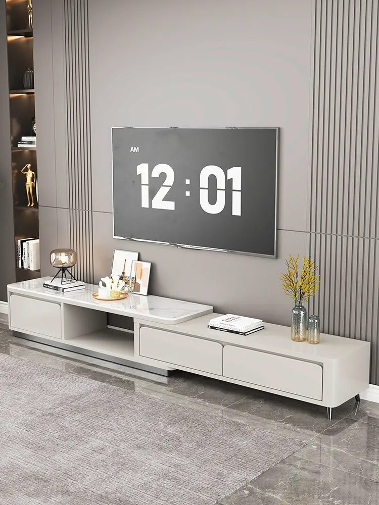 Solid wood slate telescopic TV cabinet coffee table combination small apartment floor-to-ceiling living room household storage