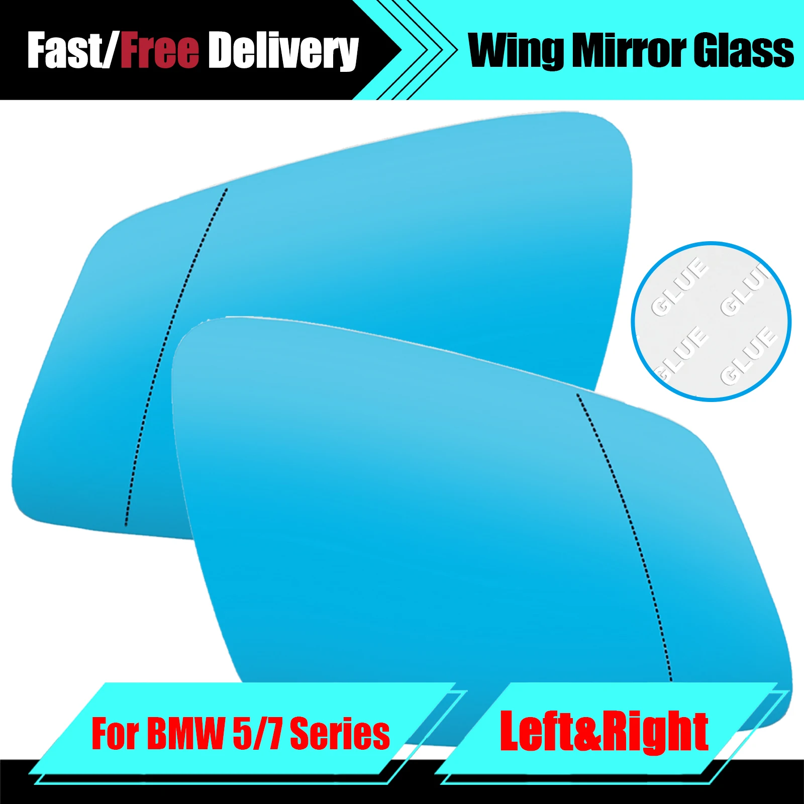 1 Pair Blue Wing Mirror Glass Self-Adhesive Blind Spot For BMW F02 F07 F10 F18 E60 5 Series 7 Series Left Right Side Replacement