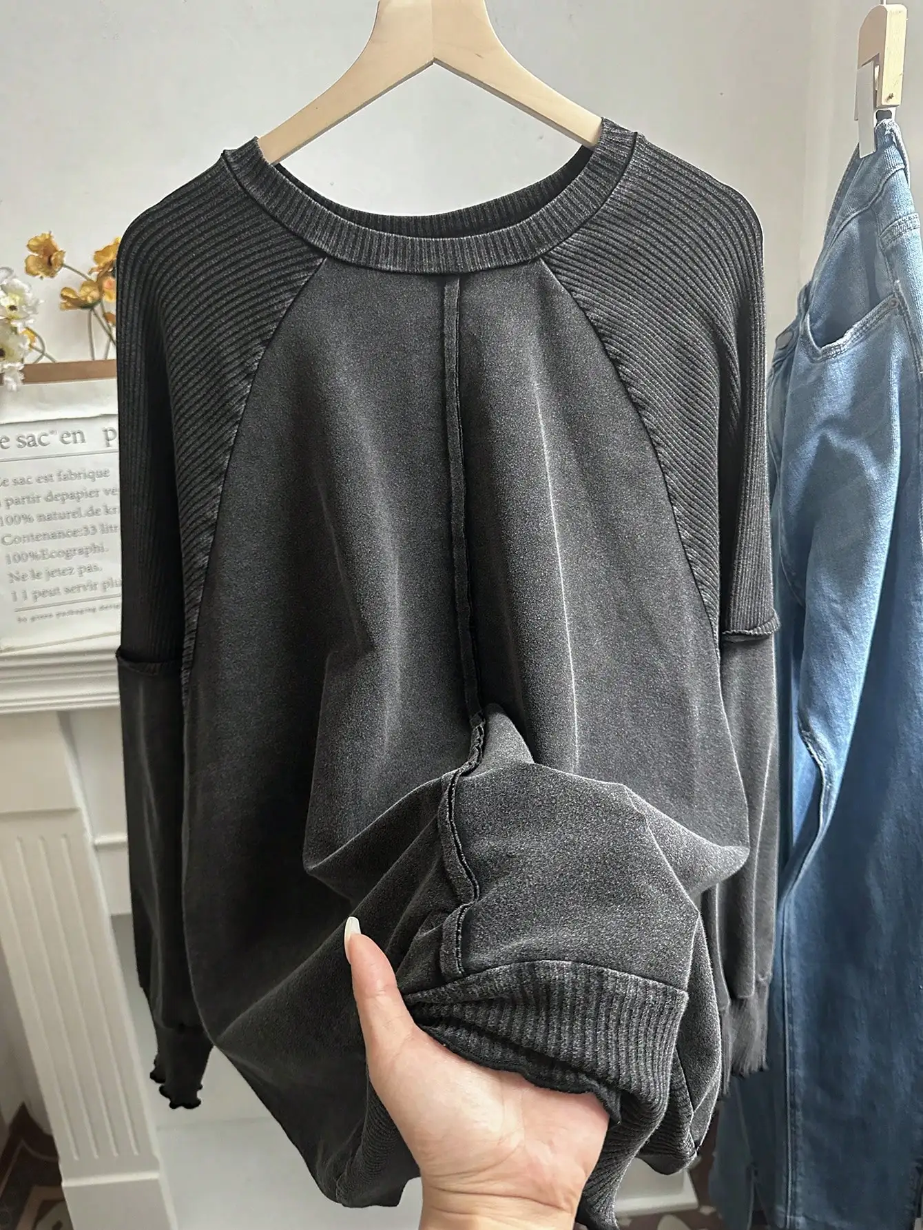 

Женская толстовка свободного кроя с рукавами реглан, однотонная серая, больших размеров