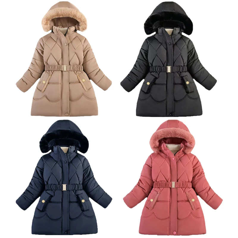 -20°C Winter New Plush Girls Jacket Long Solid Color Plush Padding Hooded Coat For 5-10Y Teen Girls Thick Warm Down Snowsuit