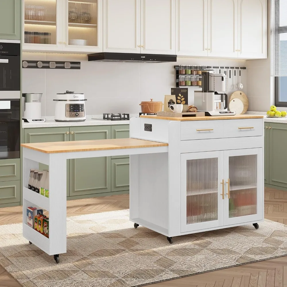 Kitchen Island with Extendable Dining Table, Marble Grain Top Kitchen Island with Power Outlet, Rolling Kitchen Island Cart on