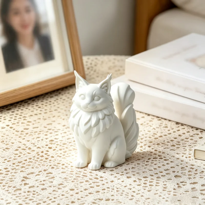 Elegant Fluffy Cat Ornament,Black White Longhair Kitty Statue For Side Cabinet Coffee Table Minimalist Tabletop Present