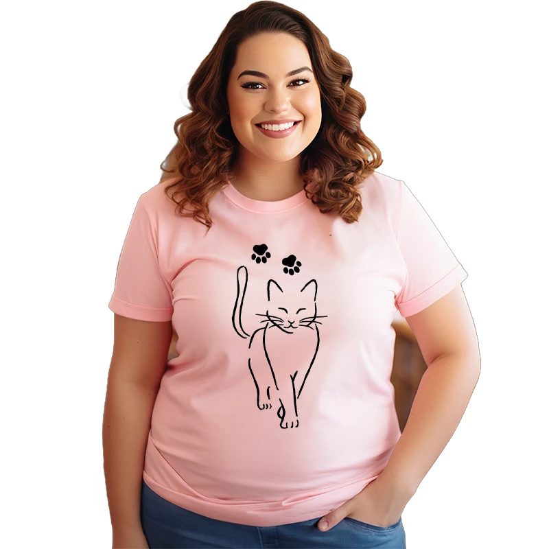 

Cute Cat Print T-shirts For Women Summer Fashion Casual Short Sleeve Round Neck Tops Cat Lover Shirt Women's Plus Size Tshirt